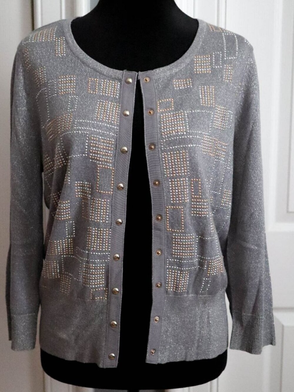 White House Black Market Metallic Embellished Cardigan Sweater Gold Silver Sz L